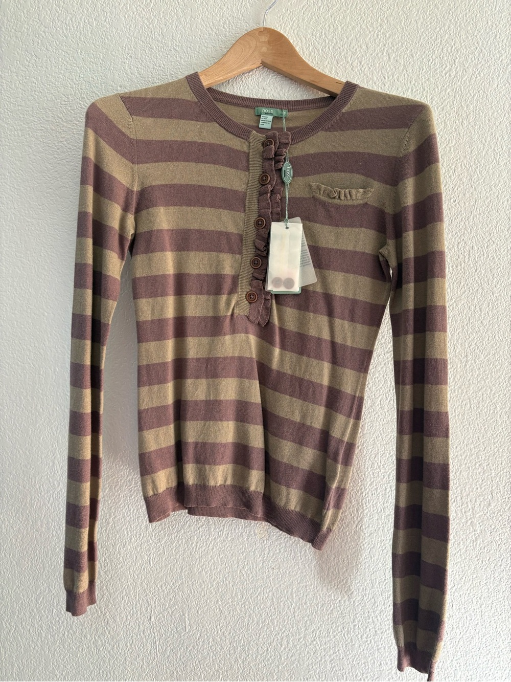 Cotton Cashmere Striped Long-Sleeve Button-Front Knit Top